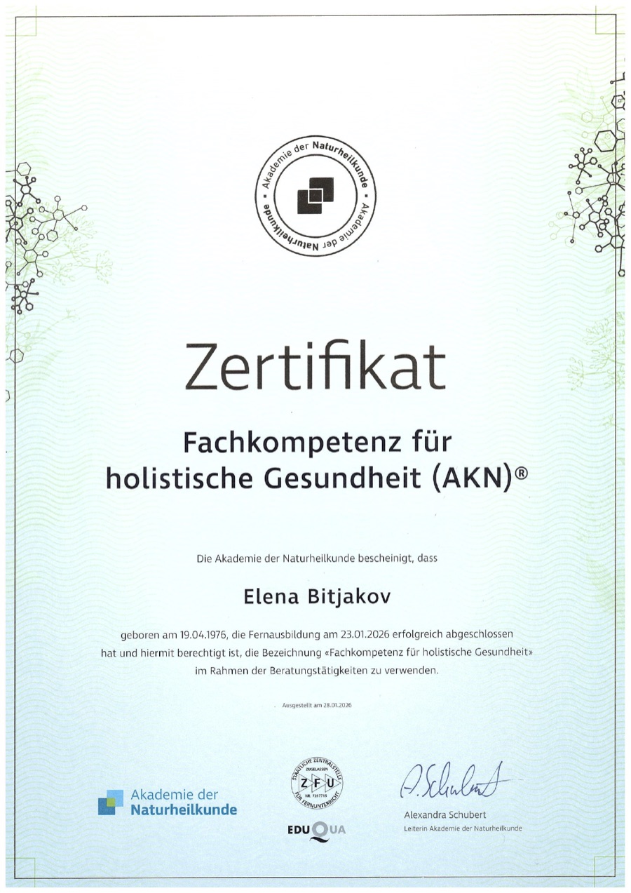 Zertifikat: zertifizierte Fachkompetenz für holistische Gesundheit (AKN)